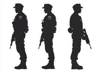 Silhouettes of three police officers standing in profile, armed, highlighting their protective roles and authority within the community.