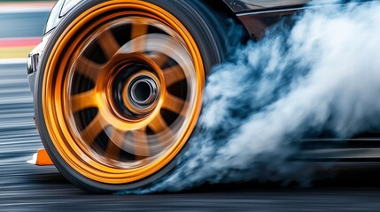 A spinning car wheel with smoke trails behind it