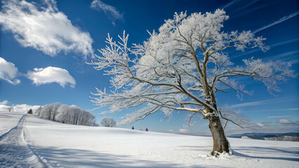 A Solitary Tree Stands Tall Against a Snowy Field, Its Branches Coated in a Delicate Layer of Frost, Underneath a Bright Blue Sky with Wispy Clouds