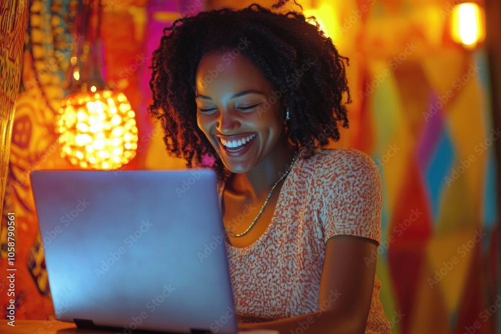 Aufkleber a woman smiling while using a laptop computer