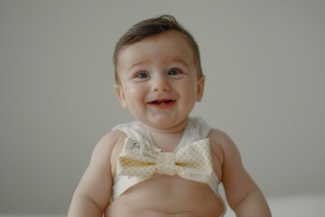 A happy baby smiling while wearing a bright yellow bow tie