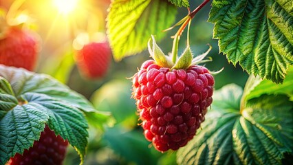 A single ripe raspberry, plump and juicy, hangs on a branch, its vibrant red color contrasting with the lush green foliage of the plant, bathed in the warm glow of the sun.