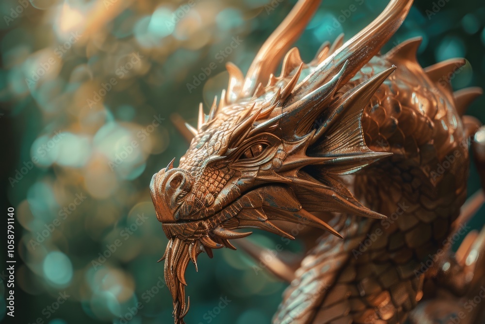 Poster a detailed view of a mythical creature's face and neck, often used in fantasy or mythological contex