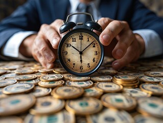 A person holds an alarm clock over a pile of coins, symbolizing time and money management.