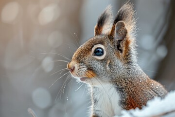 Obraz premium A close-up photo of a squirrel standing in the snow, with a winter landscape in the background