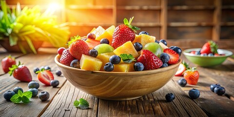 Aromatic and vibrant fruit salad, bursting with juicy strawberries, blueberries, and diced melon,...