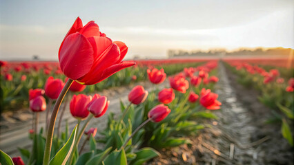 A Single Tulip Stands Tall Amongst A Field Of Its Kind, Bathed In The Golden Hour Light