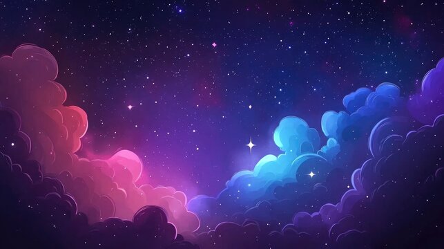 Purple and Blue Nebula Clouds with Stars Animated Cartoon Vector Illustration