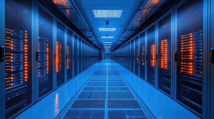 Fototapeta premium information flowing through a data center, illuminated in shades of blue and orange, showcasing racks of high-tech hardware and a futuristic cloud computing environment, emphasizing the digital age