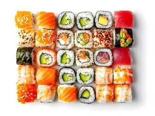 Vibrant Sushi Roll Arrangement Displayed on a Pristine White Background
