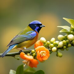 Obraz premium Vibrant bird perched on a flowering branch in soft focus