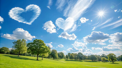Obraz premium A Serene Landscape with Two Cloud Hearts Embracing the Sun, Trees Stand Tall Against a Vibrant Blue Sky and Lush Green Grass