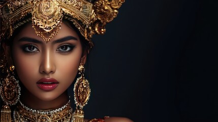 Beautiful Asian Woman in Traditional Balinese Dress with Ornate Gold Headdress on Dark Background