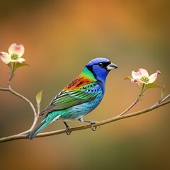 Obraz premium Vibrant bird perched on a flowering branch in soft focus