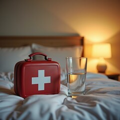 First aid kit and water glass on cozy bed