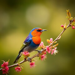 Fototapeta premium Vibrant bird perched on a flowering branch in soft focus