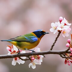 Vibrant bird perched on a flowering branch in soft focus