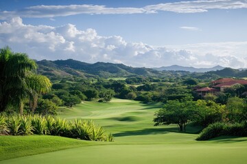 A scenic view of a golf course surrounded by lush green trees, perfect for outdoor photography or editorial use