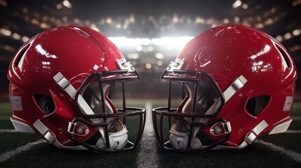 Fototapeta premium Two American Football Helmets Facing Each Other