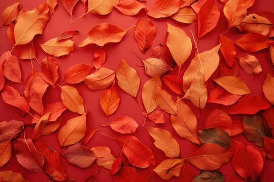 A cluster of vibrant red and orange leaves on a red background, great for autumnal or Thanksgiving-themed designs