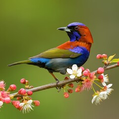 Fototapeta premium Vibrant bird perched on a flowering branch in soft focus