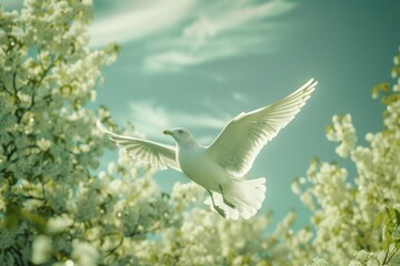 Obraz premium A white bird soaring through a clear blue sky