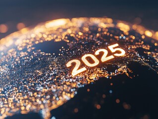Glowing earth at night with bright 2025 numerals highlighting future global trends