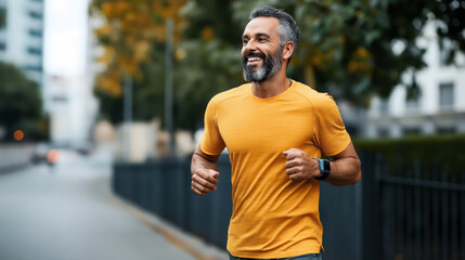 Middle-aged man jogging outdoors in an urban environment, wearing an orange shirt and a smartwatch, with blurred trees and buildings in the background