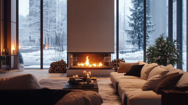 modern living room with fireplace with winter vibes