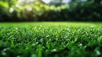 Naklejka premium Golf course on a sunny day with vibrant green grass, capturing the beauty of the outdoors in a tranquil setting. Ideal for relaxation and leisure activities, with ample copy space.