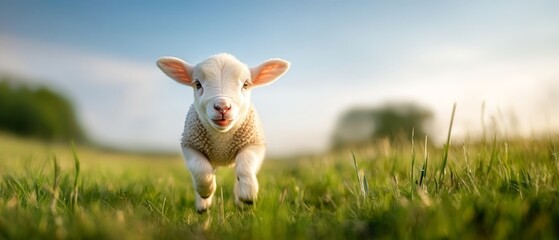 Fototapeta premium A sheep dashes across a verdant meadow against a backdrop of a blue sky dotted with scattered clouds