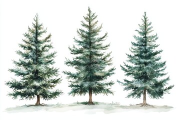 Obraz premium A Majestic Trio: Watercolor Pines Standing Tall Against a Pristine Background Capturing Nature's Elegance and Tranquility