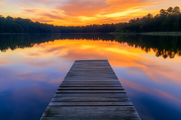 Golden Sunset Over Tranquil Lake with Silhouetted Trees and Wooden Pier Reflection