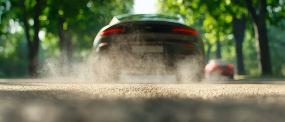  A car drives down a road, kicking up dust from the rear end of its trunk