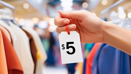 A hand holding a $5 price tag in a clothing store, showcasing affordable shopping options amidst colorful garments.