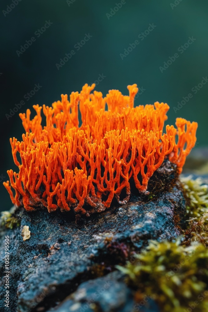 Poster a detailed view of an orange-colored fungus growing on a rocky surface, ideal for use in nature or s