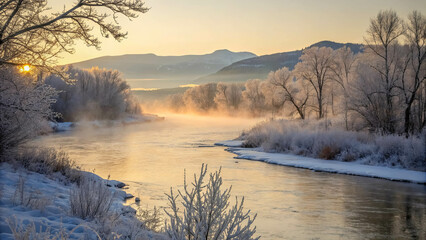 Fototapeta premium Golden Sunrise Illuminates a Frosty Riverbank, Where Snow-Covered Trees Stand Like Silhouettes Against the Misty Morning Light