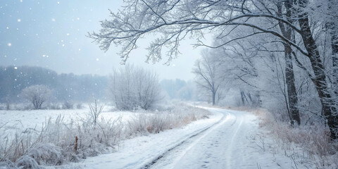 Obraz premium Winter's Embrace A Snowy Path Through a Quiet Forest of Frosted Branches and a Tranquil Sky