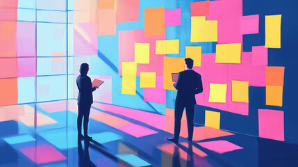 Analysis paralysis, brainstorming, sticky notes, ideas, overthinking, illustration, business, indecision, overwhelmed