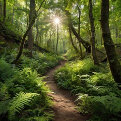 Fototapeta premium Green forest paths winding deep into the quiet, vibrant woods.