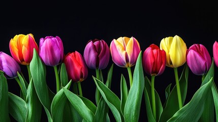 Fototapeta premium Colorful tulip flower with vibrant green leaves against a black background, capturing the beauty of colorful tulips in a striking composition. Ideal for adding a touch of color.