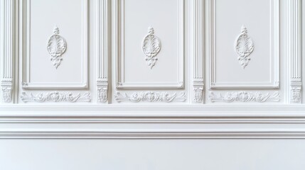 Fragment of a white wall adorned with decorative elements, highlighting intricate wall molding details. The white wall offers a clean aesthetic with ample copy space.