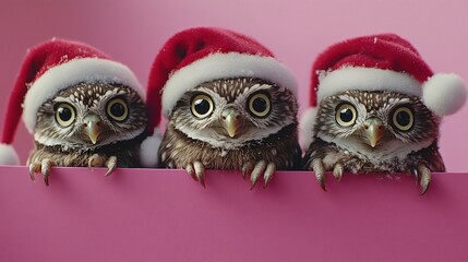 Fototapeta premium Three cute owls in santa hats peek over a pink surface, embodying festive new year and christmas
