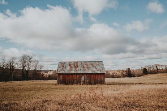 A rustic barn situated in a green field with a clear blue sky - Powered by Adobe