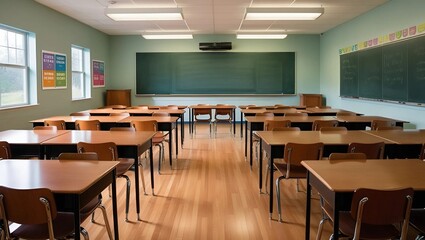 Ai generate empty classroom atmosphere, no students, calm atmosphere, clean classroom, neatly arranged tables and chairs, clean blackboard