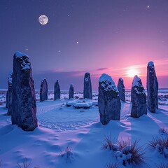 Snowy standing stones under moonlit purple sky
