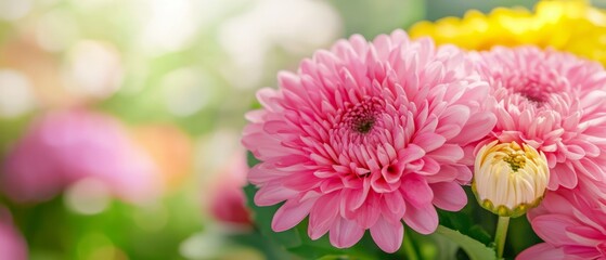 Fototapeta premium A tight shot of a multitude of pink and yellow blossoms against a softly blurred backdrop of similar hued flowers