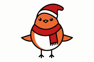 Naklejka premium Vector Outline of A cute Robin wearing a Santa clause hat and scarf on white background.