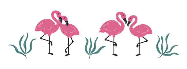 Pink flamingos and tropical plants.Vector background with exotic birds.