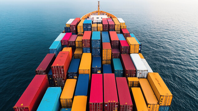 Aerial view of a cargo ship carrying colorful shipping containers at sea, showing global maritime transportation and logistics.